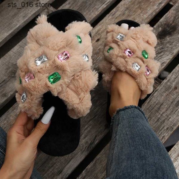 

slippers women slippers fashion crystal decorate classic crossover design home open toe indoor flat non-slip leisure interior woman shoes t2, Black