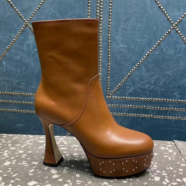 

full grain leather ankle boots platform pumps chunky block heels women's party evening shoes luxury designer leather sole booties facto, Black