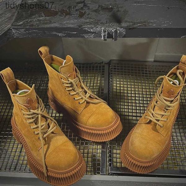 

thick sole yellow boots martin boots women's genuine leather breathable smfk british style short boots big headed boots, Black