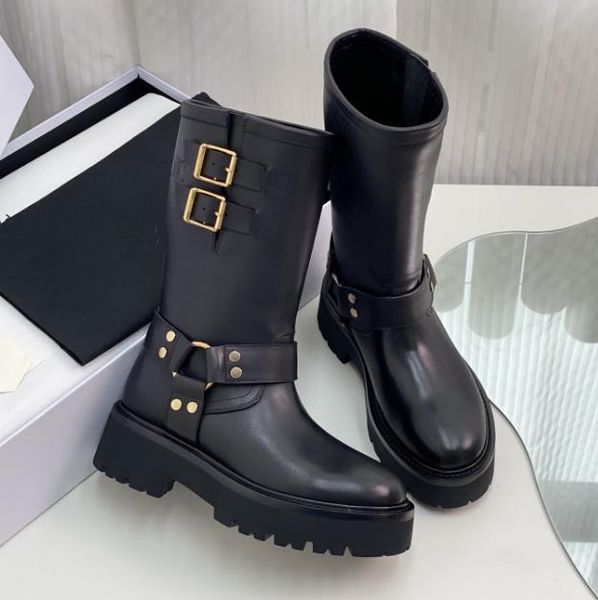 

woman thick soles martin boots belt buckle long western boots retro thick-heeled high-heeled biker boots lady's classic low-heeled fash, Black