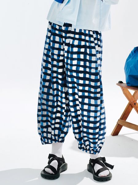 

women's pants s imakokoni original design blue plaid elastic waist loose summer thin crop pant's 234100 230828, Black;white