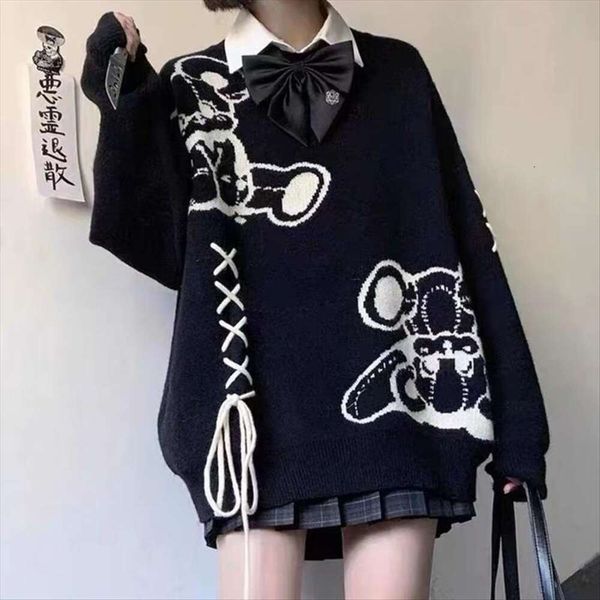 

japanese short man western womens sweaters style lazy wind jk little bear sweater autumn and winter high grade, White;black