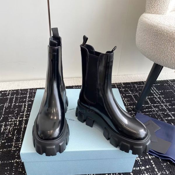 

monolith platform gear leather round toes chelsea ankle boot women's fashion booties chunky heel luxury designer boots for girl 5.5cm w, Black