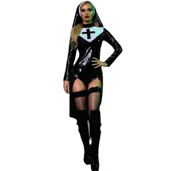 

theme costume saintlike seductress costume vinyl nun halloween costume fancy dress 230829, Black;red