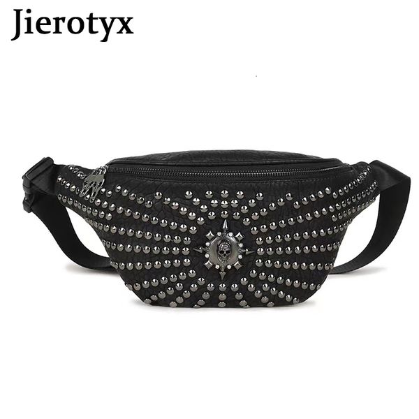 

waist bags jierotyx womens black studded faux leather bag fanny pack y2k money bum hip belt gothic style vintage rivet 230828
