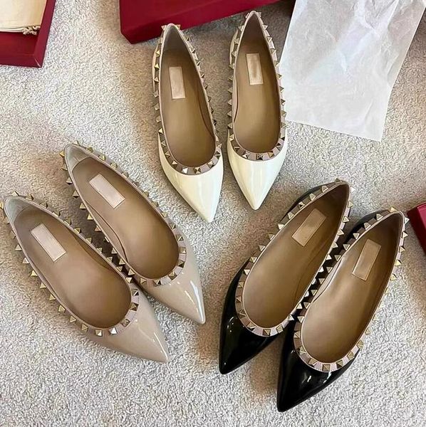 

designer shoes women patent leather pointed toe slip on shoes for women ladies party rivet flat shoes zapatos de mujer 35-43, Black