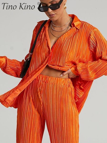 

women's two piece pants pleated women's shirt trousers two piece sets elegant long sleeve shirts and high waist wide leg pants sui, White