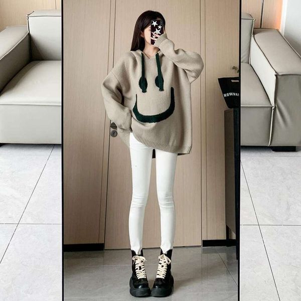 

yi ran mei womens sweaters dopamine sweet autumn lazy joyful smiling face loose hooded pullover, White;black