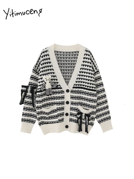 

women s knits tees yitimuceng v neck women cardigan autumn winter 2023 fashion vintage button up loose sweater casual striped knitted 230829, White