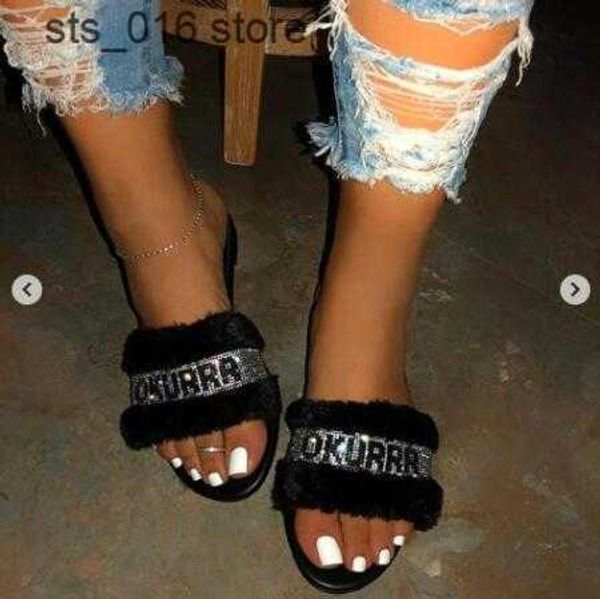

slippers new 2023 women bright diamond warm sandals female flip flop flat with indoor flip flop fashion wild hair slippers t230828, Black