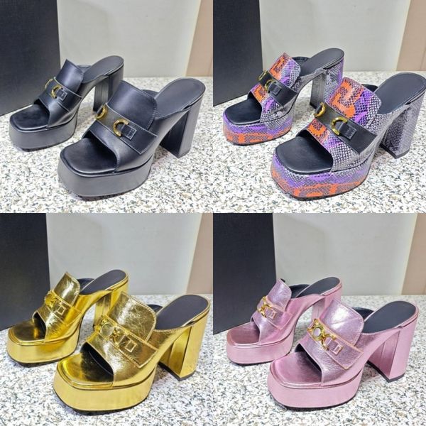 

snakeskin womens slippers luxury designer shoes chunky heels fashion leather platform shoes summer outdoor sandals new classic comfortable p, Black