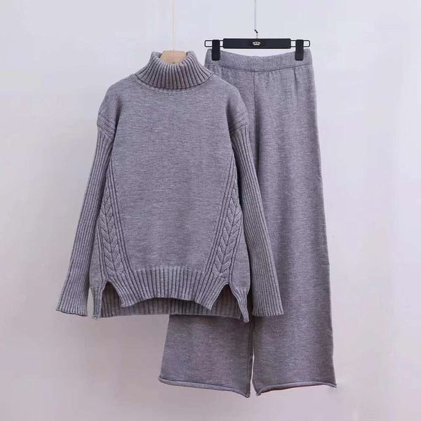 

french casual wide legged pants sweaters two piece set for women autumn and winter style lazy loose turtleneck, White;black