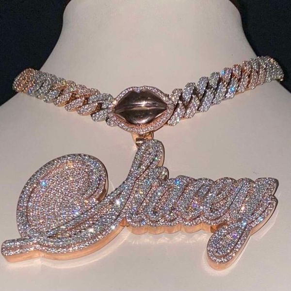 

customized initial name plate sier iced out letter pendants 3d lip bale design hip hop iced out moissanite pendant, Silver