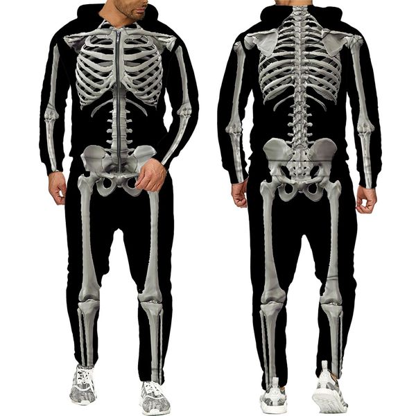 

men's tracksuits halloweeen cosplay skeleton splanchna 3d all over print zipper tracksuits mens hoodie pants 2 pcs set streetwear suits, Gray