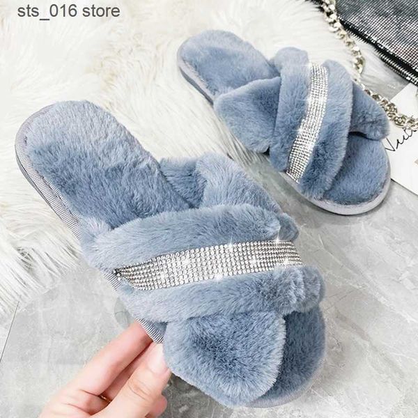 

slippers winter new rhinestone house women fur slippers bedroom warm faux fur ladies flat shoes slip-on indoor women plus t230828, Black