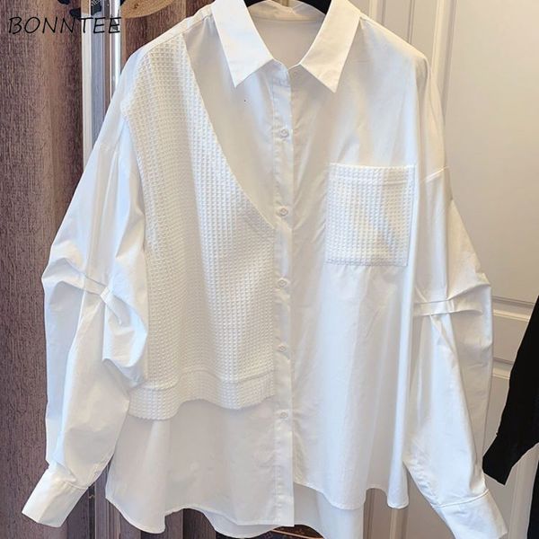 

women's blouses shirts long sleeve shirt baggy s3xl spliced temper streetwear personal minimalist college designer camisas american chi, White