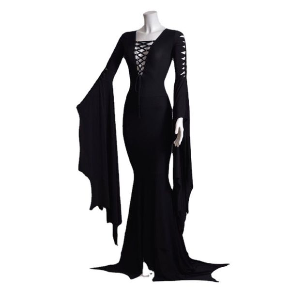 

women's morticia floor dress costume women gothic witch vintage dress, Black;gray