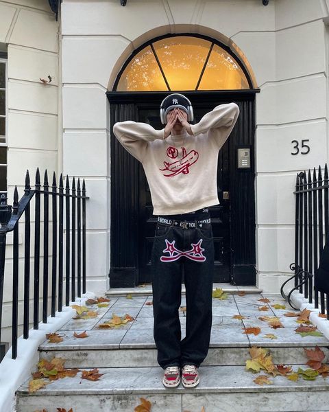 

mens jeans y2k retro hip hop star print protect trend fashion black men women punk baggy wide leg pants streetwear 230829, Blue