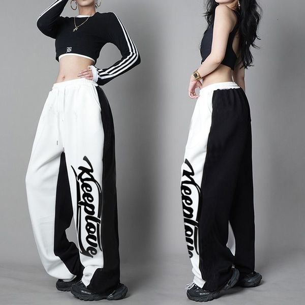 

women's pants s american hip hop contrast stitched sports trouser's high waist street dance loose casual drape straight dancing co, Black;white