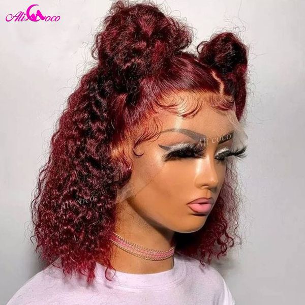 

180 Density 99J Burgundy Short Curly Bob Wig 13X4 Lace Frontal Wigs for Women Brazilian Remy Bob Lace Front Wig Preplucked, Medium brown
