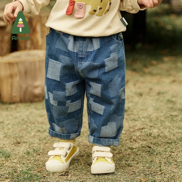 

pantskirt amila baby jeans 2022 autumn new allmatch straight trousers girls and boys denim pants cartoon loose children's clothes, Blue