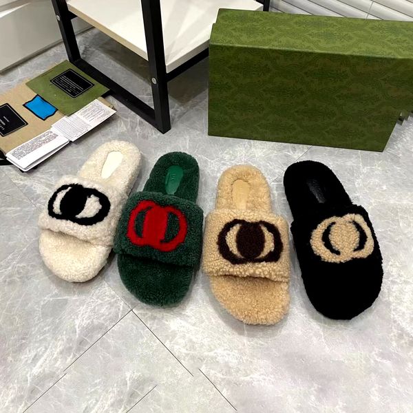 

luxury fuzzy slipper designer women fur sandal with interlocking g letter flat furry shoes man wool embroideries slides teddy bear comfort s, Black