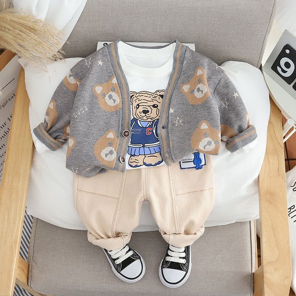 

Spring Baby Boys Clothing Sets Bear Print Kids Soft Knitted Cardigan T Shirt Pants Children Outfits Toddler Infant Clothes, Gray