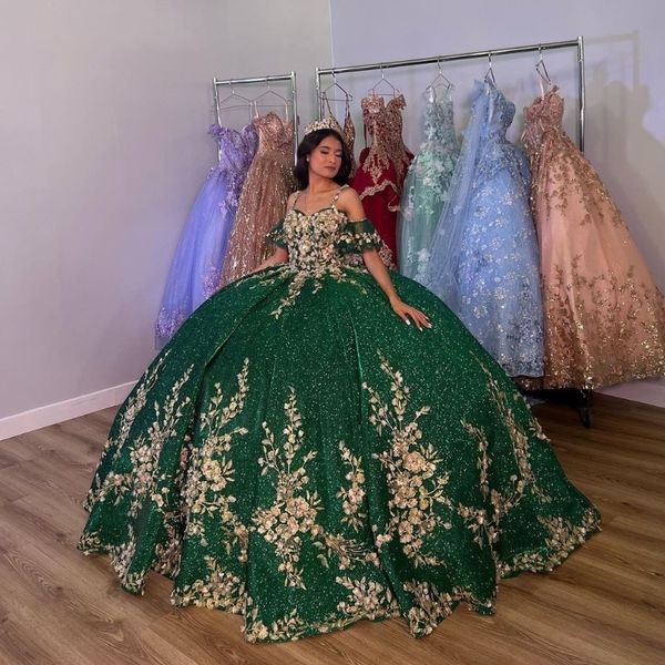 

green shiny spaghetti strap ball gown quinceanera dresses gold lace appliques flowers corset back formal birthday vestidos de 15 anos, Blue;red