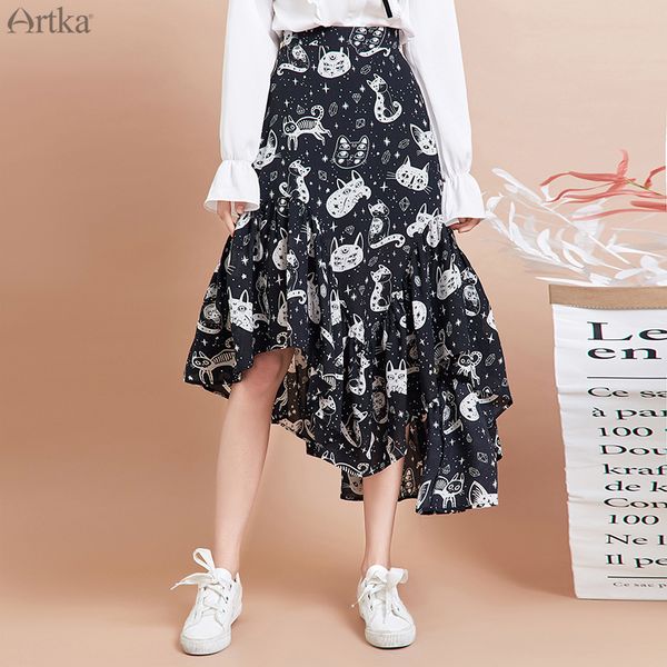 

skirts spring women skirt fashion cat print irregularly design chiffon elegant ruffled qa15297q 230828, Black