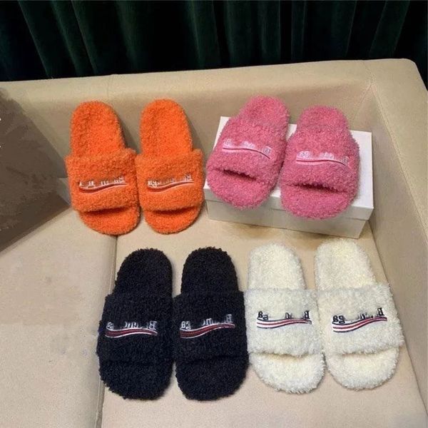 

designer women slippers wool mules slide winter fur fluffy luxury brand warm sandals slides fuzzy girl flip flop flat bottom slipper, Black