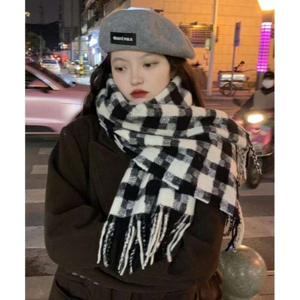 

korean version of autumn and winter plaid scarf womens retro all matching thick warm ins imitation cashmere, Blue;gray