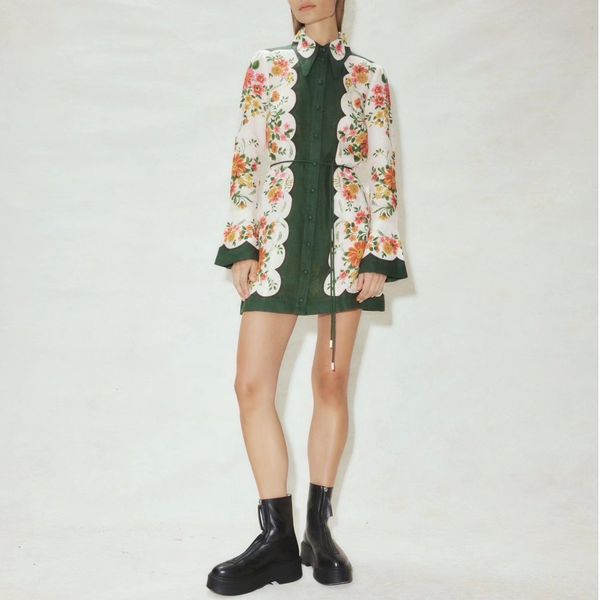 

australian designer dress linen bell sleeve floral printed minii dress, Black;gray