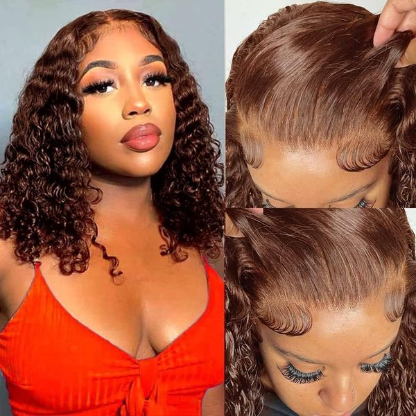 

chocolate brown bob wig curly lace front wigs human hair pre plucked 13x4 hd transparent lace frontal wigs, Black;brown