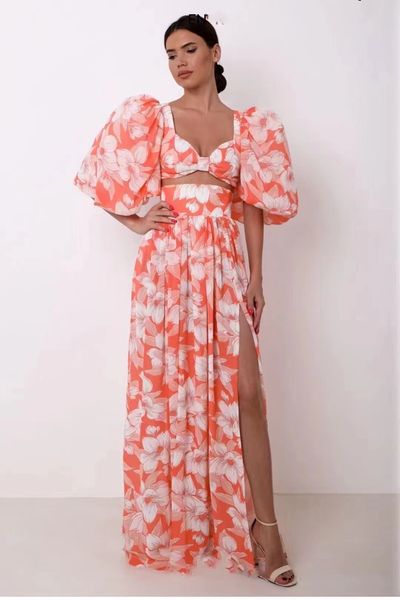 

two piece dress square neck bubble sleeve and split print skirt, White