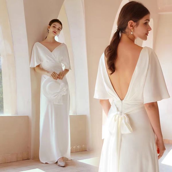 

ruffled sheath wedding dresses open back deep v white satin simple ld9028