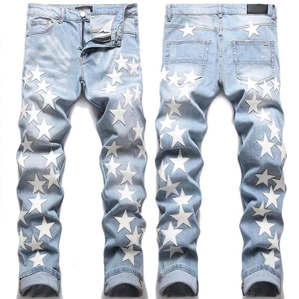 

mens jeans for men pu leather stars hip hop appliques trousers pencil pants style fashion slim fit high street denim male 230829, Blue