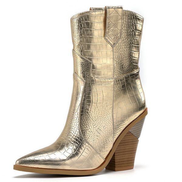 

boots faux leather cowboy ankle for women wedge high heel snake print western cowgirl silver gold white black 230829