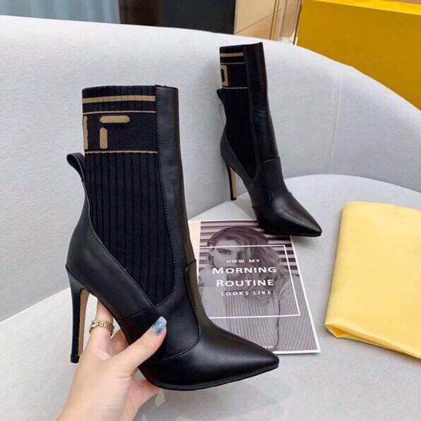 

designer boots letter knitted mid sleeve short boots spring and autumn fine heel high heel cowhide boots pointed head slim leg elastic boots, Black
