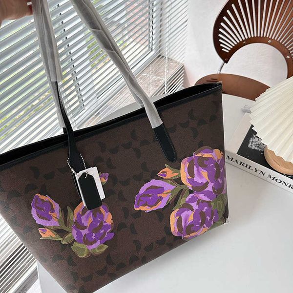 

tote bag designer handbag leather messenger large travel shoulder bags fashion purple flower print shopping bags tote purse 230829