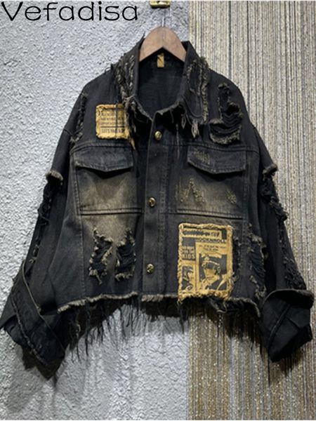 

women's jackets vefadisa spring autumn lapel cardigan denim coat loose retro distressed hand frayed patches short coat women's lhx, Black;brown