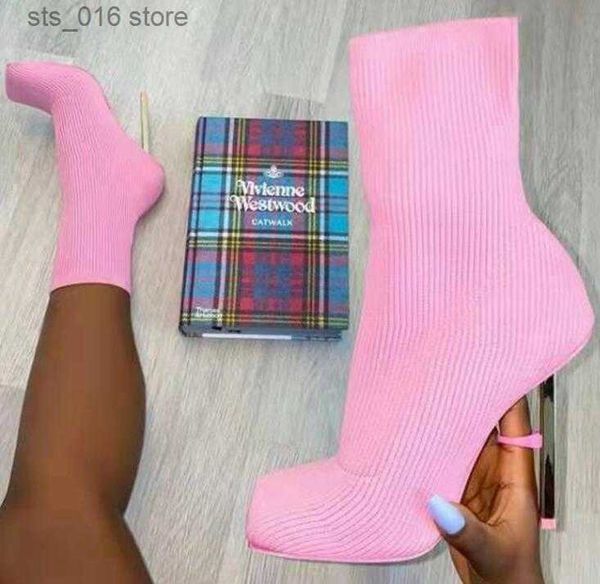 

boots the new square toe stiletto knit socks boots women's stretch high heel mid-tube boots all-match fashion women's boots t23082, Black