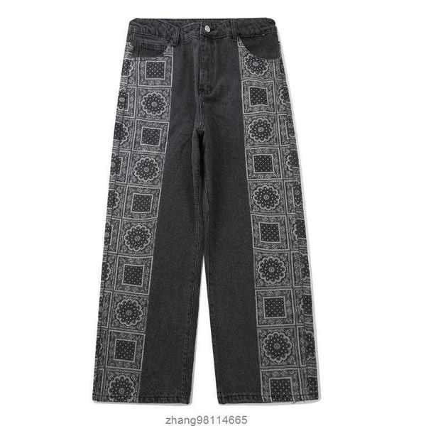 

men's jeans hip hop patchwork side pattern print denim casual streetwear harajuku straight pant man oversized jogger men trousers 2021, Blue