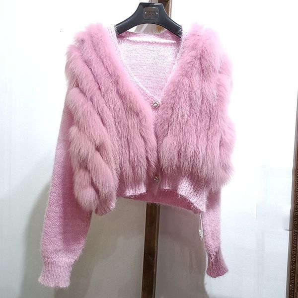 

womens fur faux women spring short knitted cardigan coat with real loose fashion natural jacket female sweaters 230828, Black