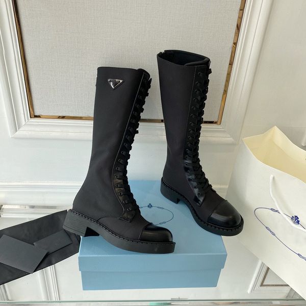 

2023autumn and winter triangle logo women's british style boots high women's shoes martin boots short boots lace up nylon mid boot, Black