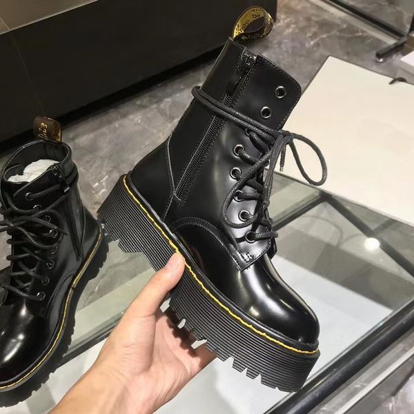

plaid leather ankle boots christmas boots platform slip round flat platform half boots high women's chunky heel rider boots005, Black