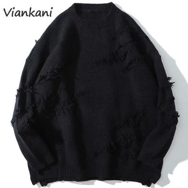 

men's sweaters vintage men sweater hip hop harajuku clothing streetwear pullovers oversized ripped pure color hole wool knitwear 23082, White;black