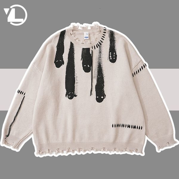 

men's sweaters hip hop knitted sweaters high street y2k ripped ghost print gothic jumpers autumn punk grunge oversize pullover harajuku, White;black