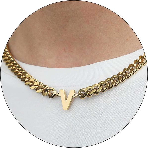 

ruoouy initial a-z letter necklace for men stainless steel cuban link chain 18+2 inch personalized letter charm pendant jewelry gift for boy, Silver