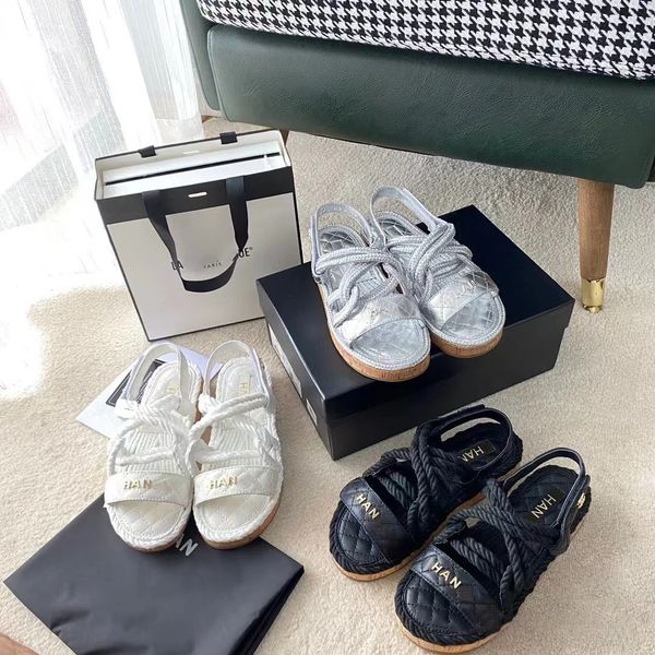 

luxury women of shoe designer slide man slipper rope woven metal letter slipper summer classic fashion leisure confort flat sandal with dust, Black