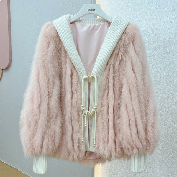 

womens fur faux knitted hood real natural coat fashion genuine coat for winter strips sewed together 230828, Black